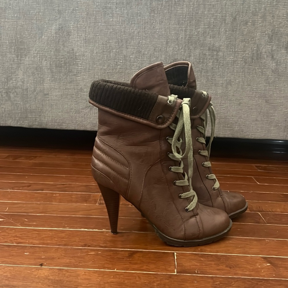 Brown Lace Up Heeled Booties Size 8
